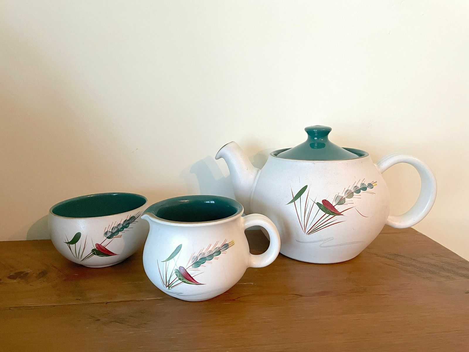 Denby Greenwheat Tea Set, 3 Piece Mid Century Stoneware Teapot, Sugar Bowl & Jug, Vintage 50s Green Botanical Tea Set Country Cottage Decor photo furniture