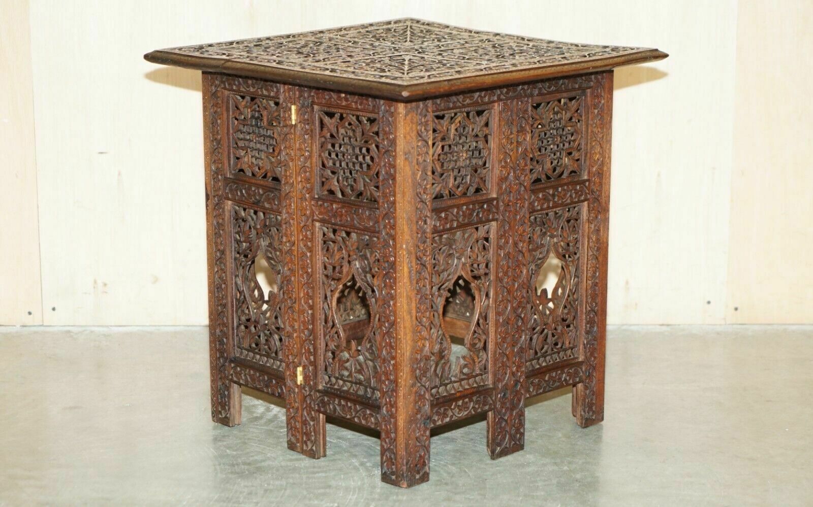 Ornately Hand Carved Anglo Indian Burmese Side Coffee Lamp Wine Folding Table photo furniture