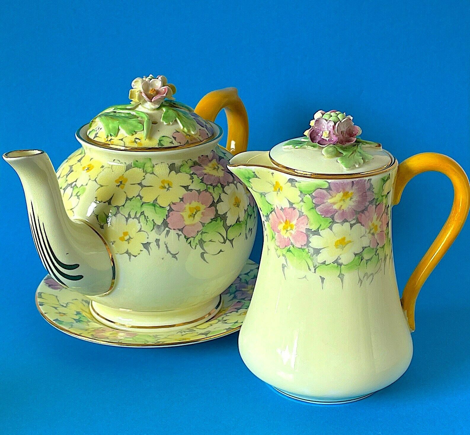 Crown Staffordshire Primrose Tea Set, Vintage Fine China Yellow/Pink Floral 9 Piece Tea For Two Set, Teapot/Teacup/Saucer/Jug/Sugar Bowl photo 110.0