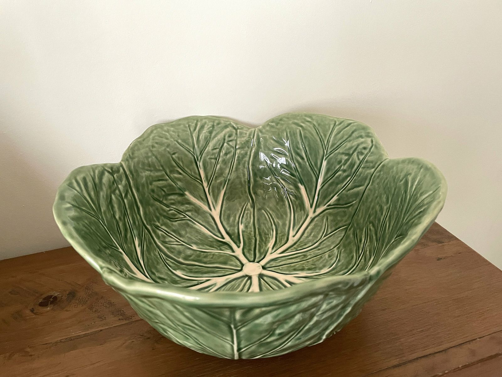 Vintage Bordallo Pinheiro Cabbage Leaf Bowl, Large Portuguese Majolica Ceramic Salad Serving Bowl, Retro Kitchen Tableware Made In Portugal photo Home Decor
