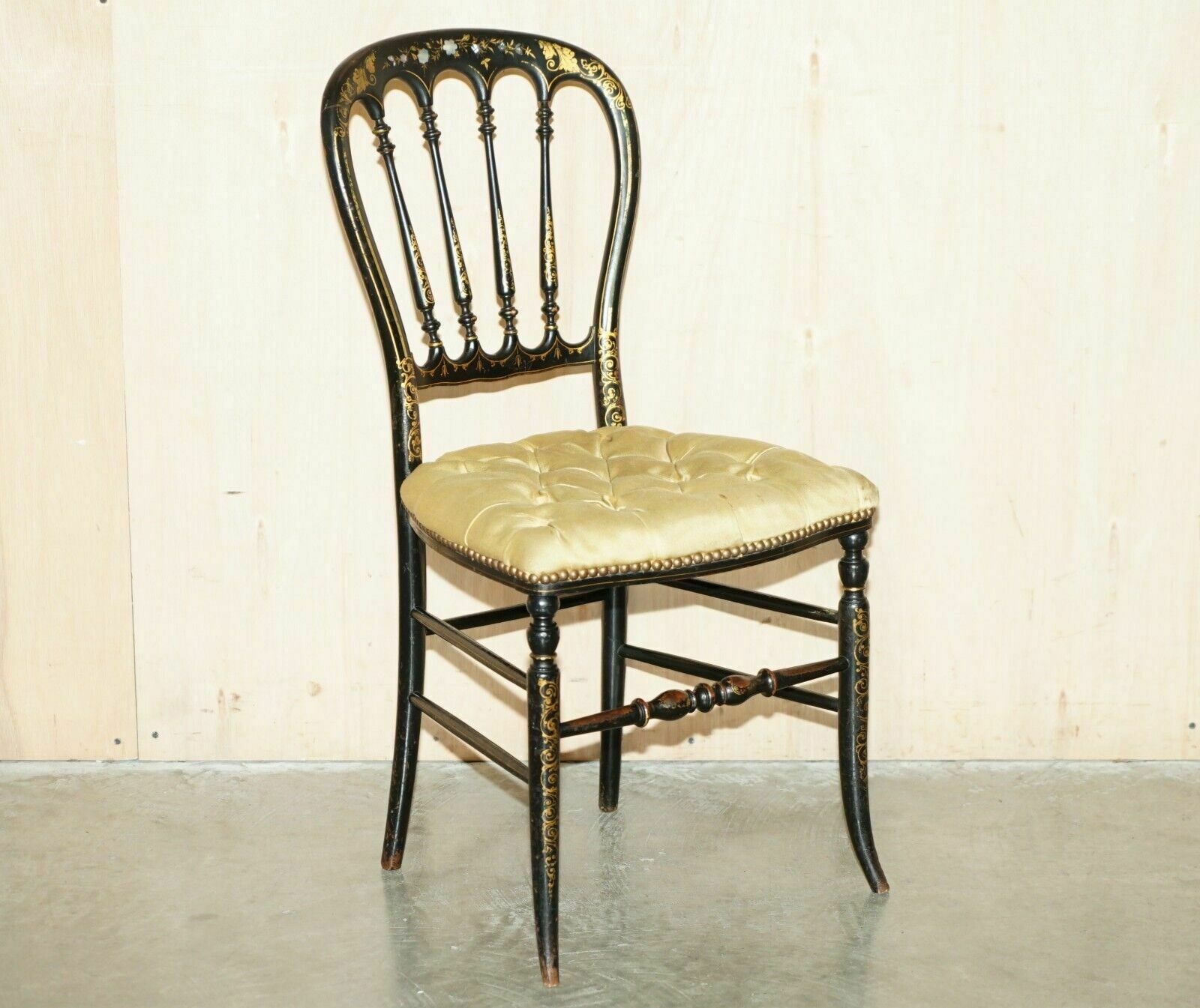 Antique Regency 1815 Ebonised Mother Of Pearl Silk Chesterfield Seat Side Chair photo furniture