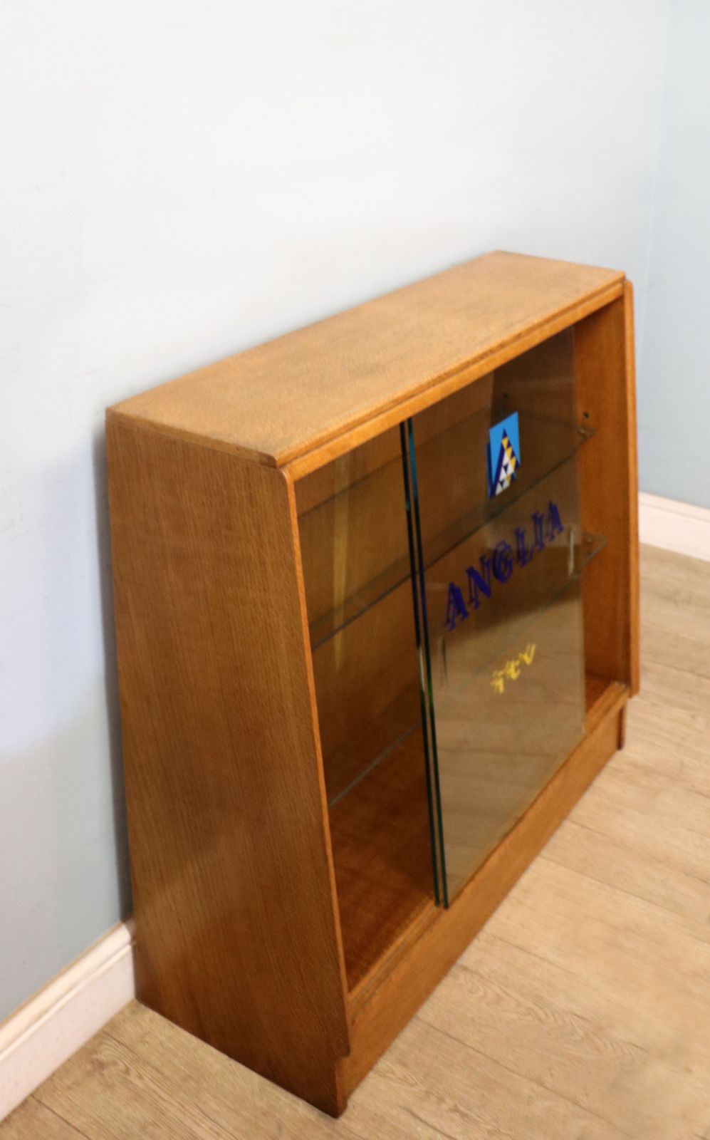 This Lovely Quality Mid Century Retro Display Cabinet Later Sign Written For Anglia Television. photo for sale
