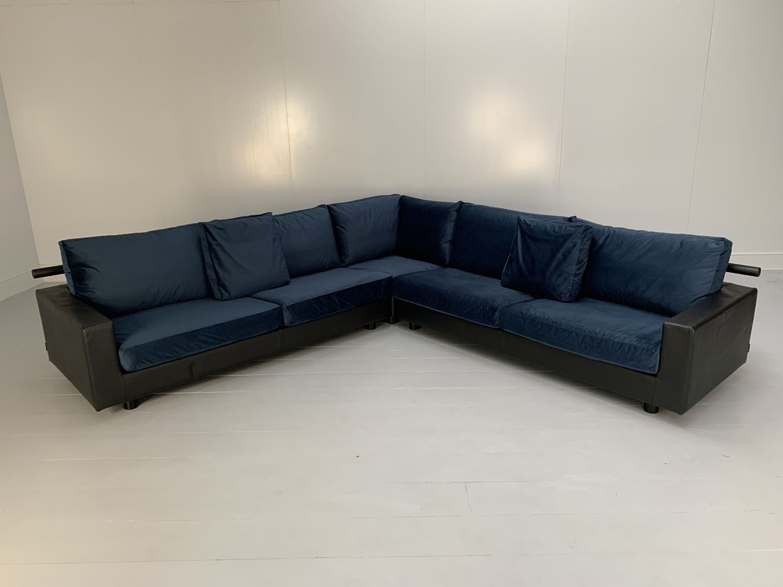 Flexform “Status” Sectional L Shape Sofa – In Black Leather & Blue Velvet
