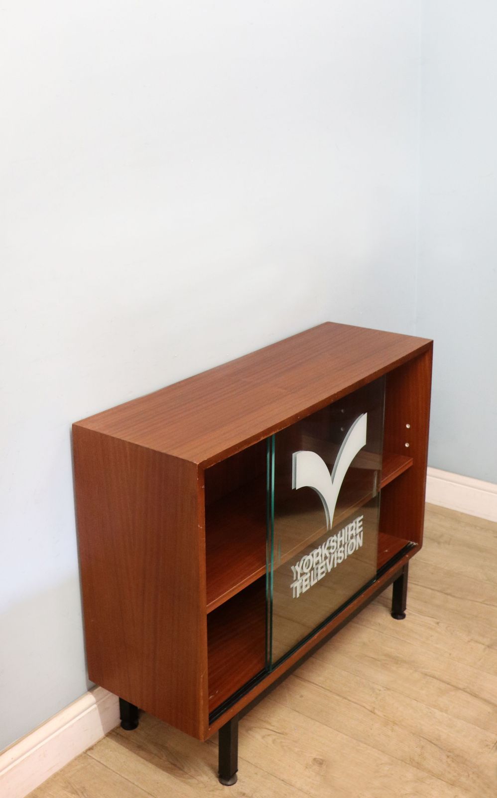 This Lovely Retro Teak Finish Display Cabinet Later Sign Written For Yorkshire Television. photo Furniture