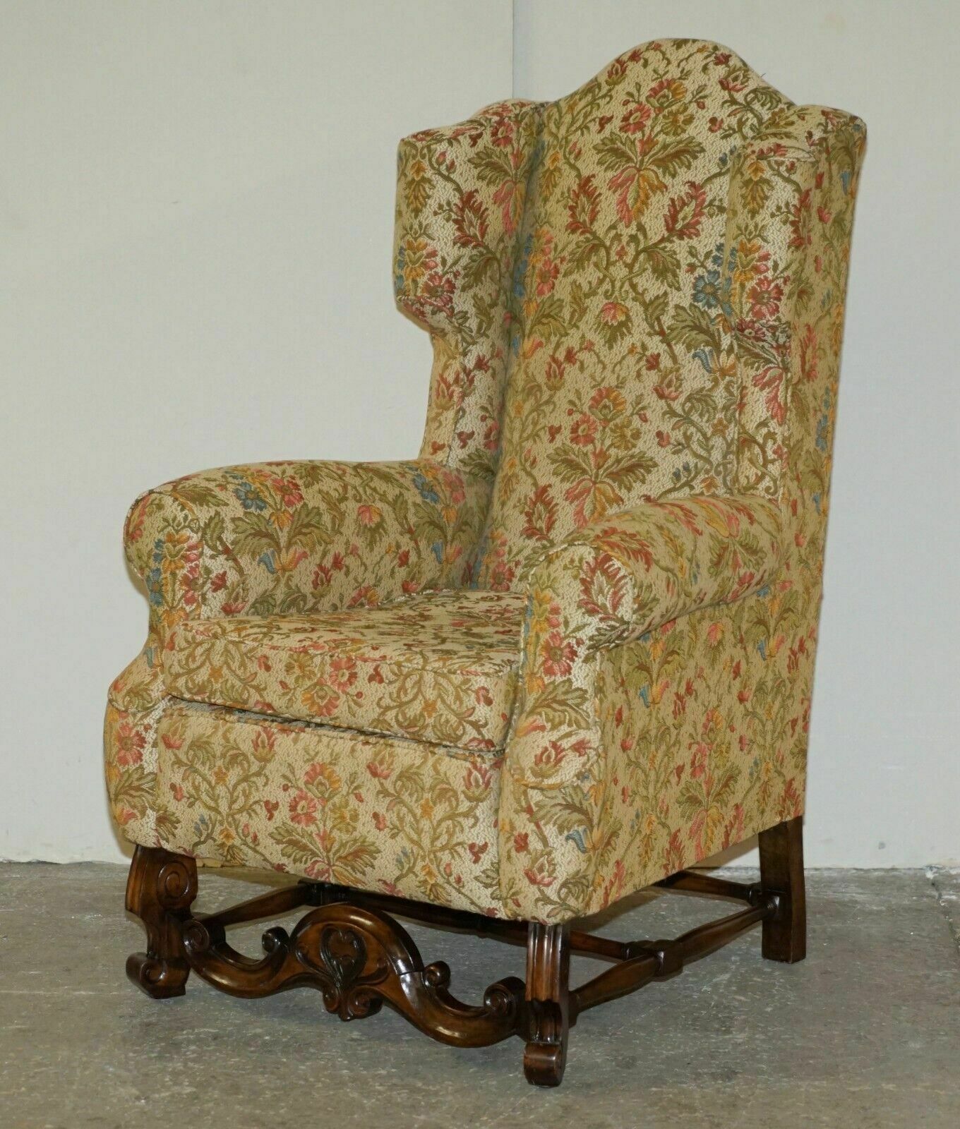 Pair Of Antique Italian Carolean High Back Wingback Armchairs For Upholstery photo furniture