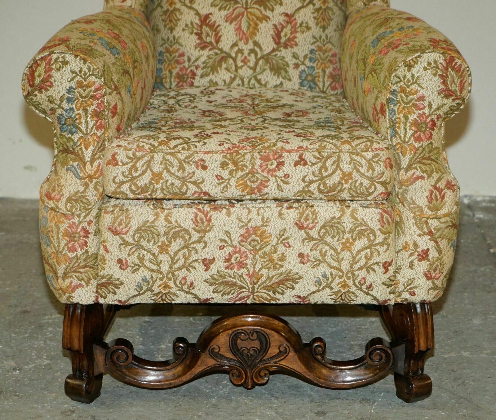 Pair Of Antique Italian Carolean High Back Wingback Armchairs For Upholstery photo vinterior
