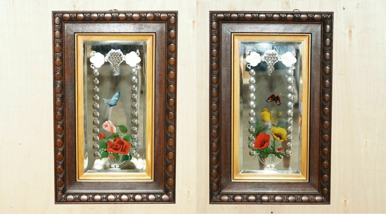 Unique Pair Of Antique Italian Venetian Carved Reverse Painted Bird Mirrors