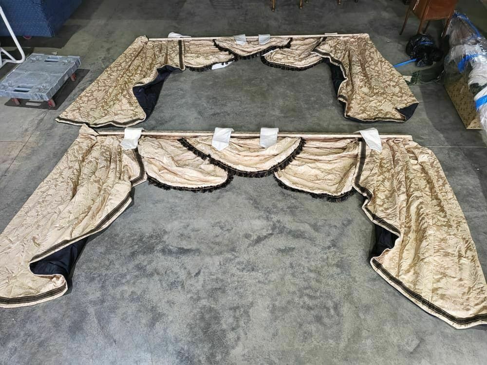 photo furniture Curtains Large Pelmet Swags Gold Cream Fabric Lined 299cm Wx187 Drop 9'10" Wide