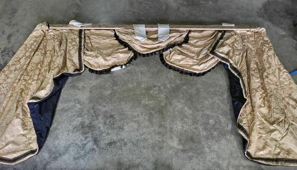 Curtains Large Pelmet Swags Gold Cream Fabric 283cm W X187 Drop 9'3" Wide Lined