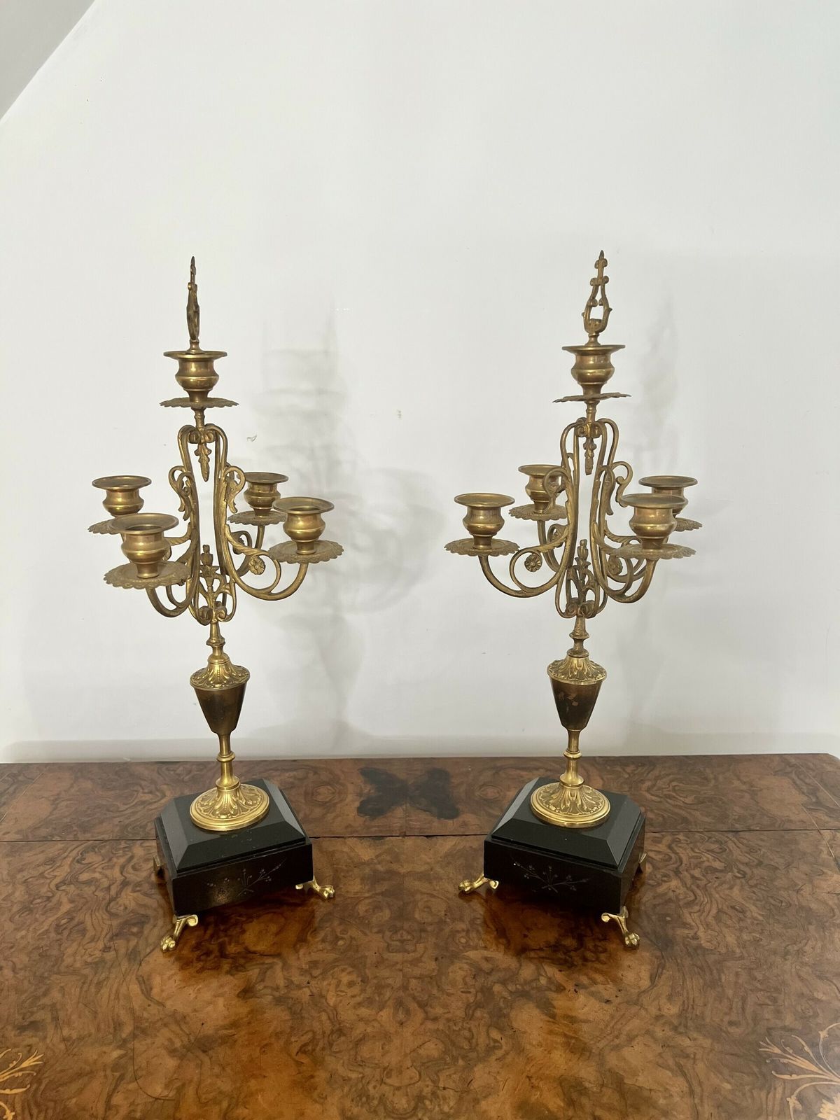 Pair Of Antique Quality Brass And Marble Candelabras photo furniture