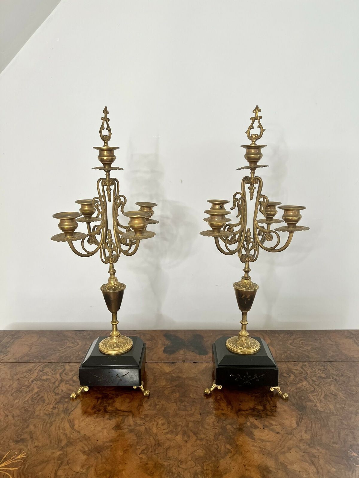 Pair Of Antique Quality Brass And Marble Candelabras photo Home Decor