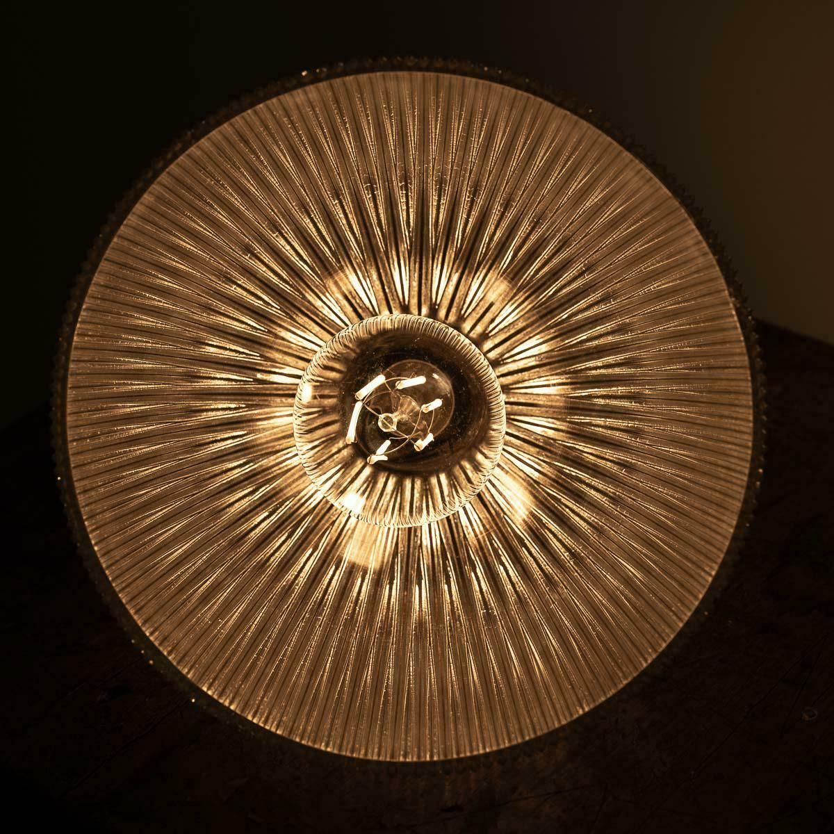 Reclaimed Holophane Prismatic Glass Church Lights With Brass Galleries photo for sale