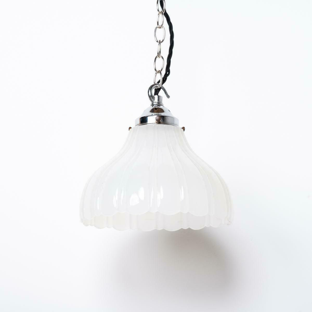 Pair Of Antique Moonstone Glass Pendant Lights With Chrome Fittings photo buy