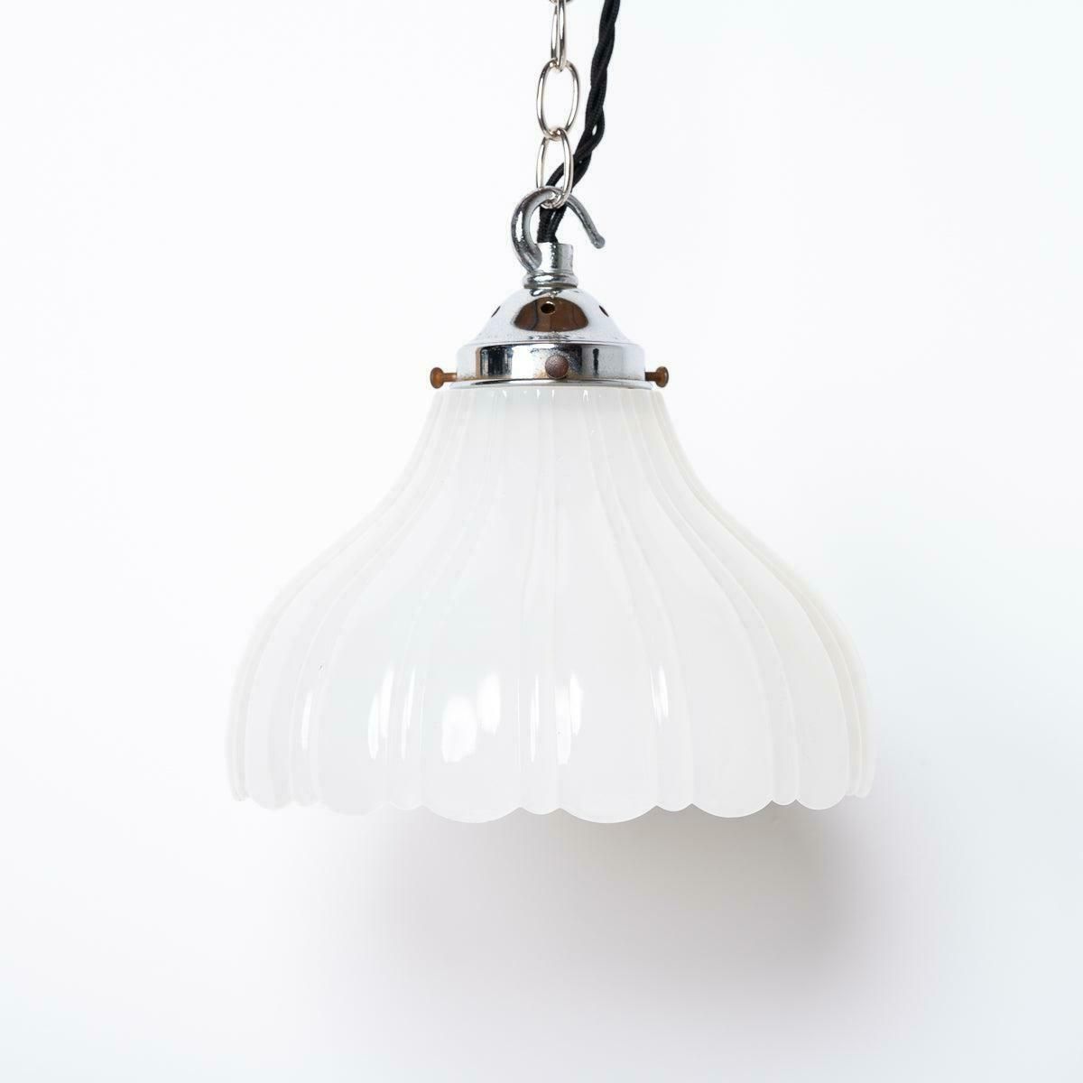 Lighting Pair Of Antique Moonstone Glass Pendant Lights With Chrome Fittings photo