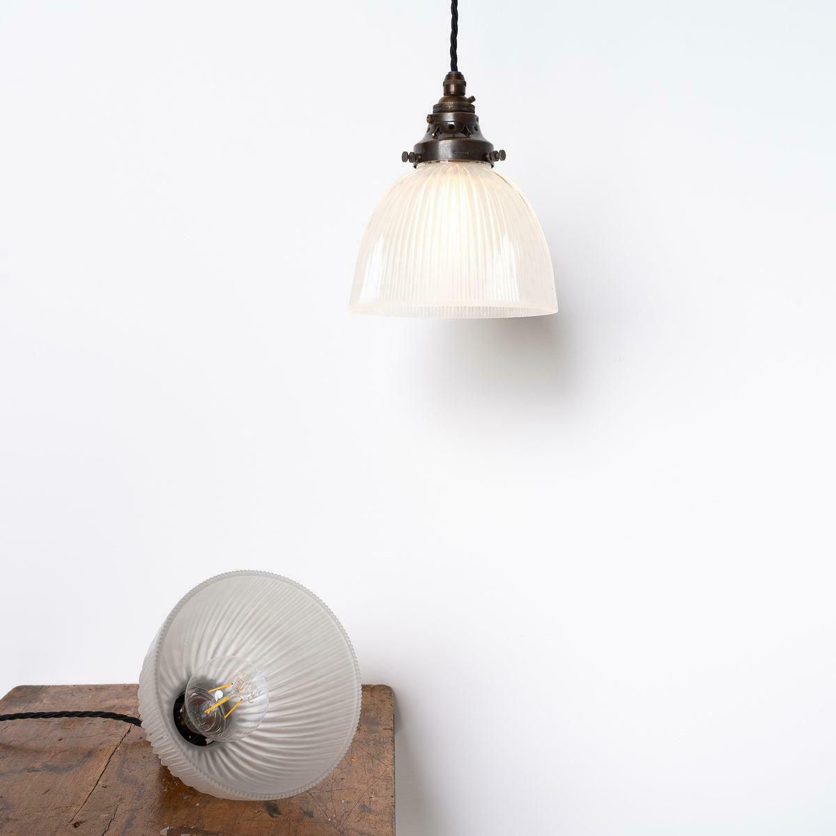 Small Antique Holophane Frosted Glass Light Shades With Original Brass Fittings photo vinterior