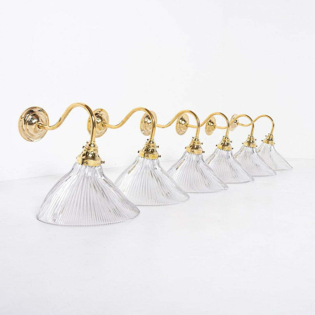 Antique Holophane Angled Prismatic Glass Wall Lights On Polished Brass Brackets