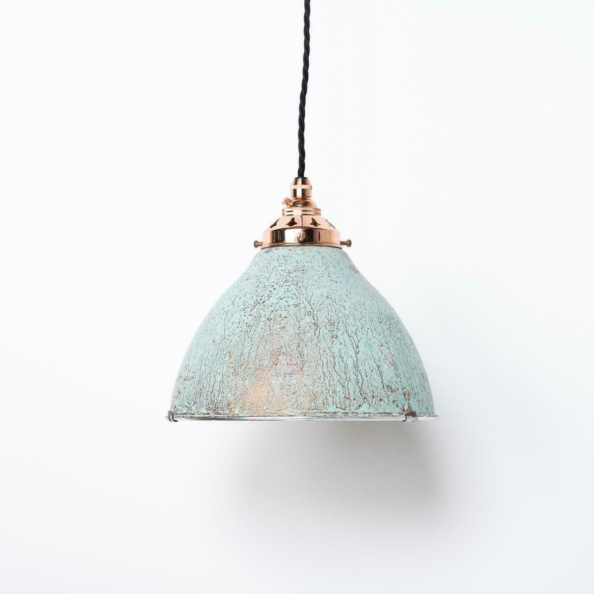 Reclaimed Industrial Holophane Verdigris Coppered Spun Aluminium Pendant Lights