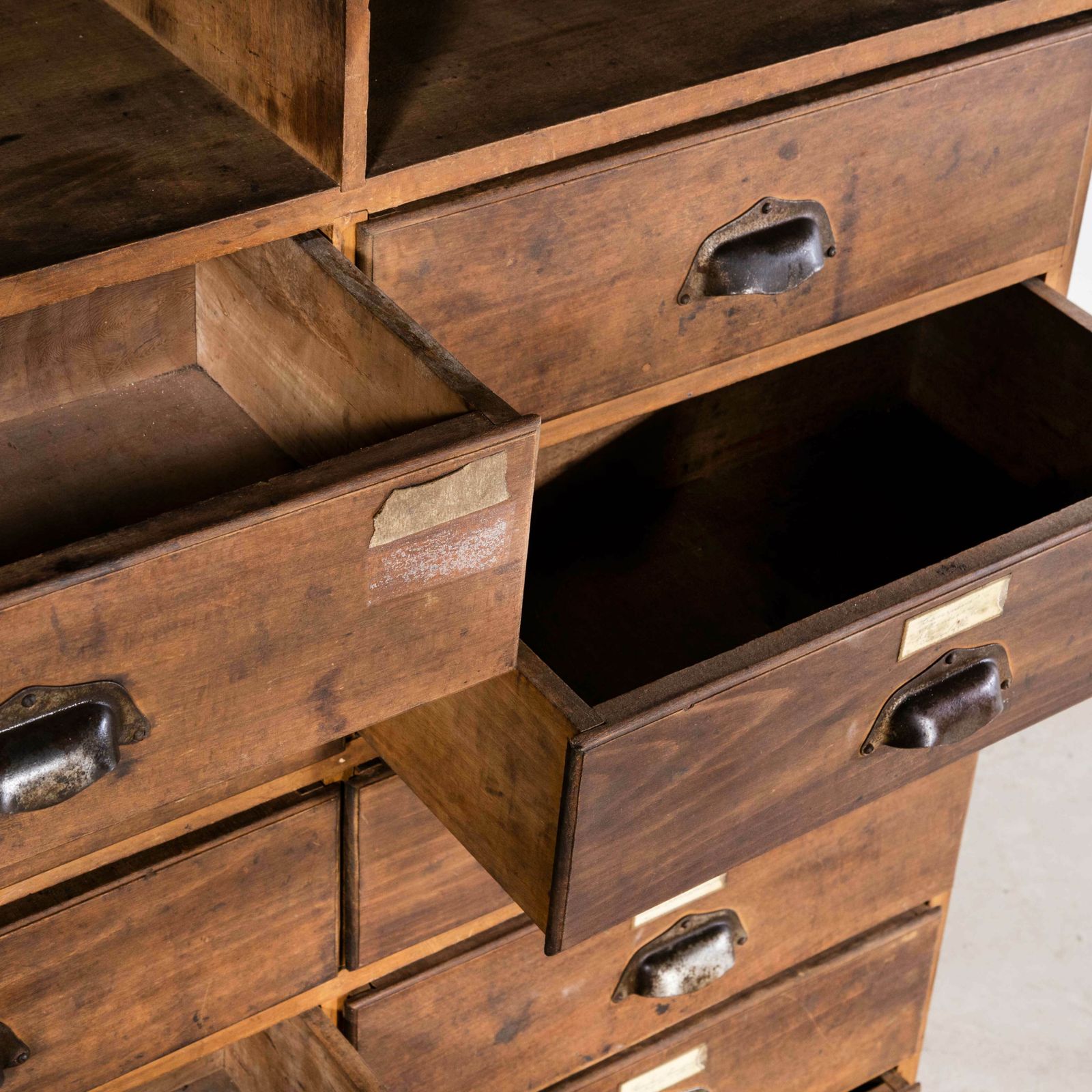 1940’s Tall French Workshop Shelves  Twelve Drawers photo vinterior
