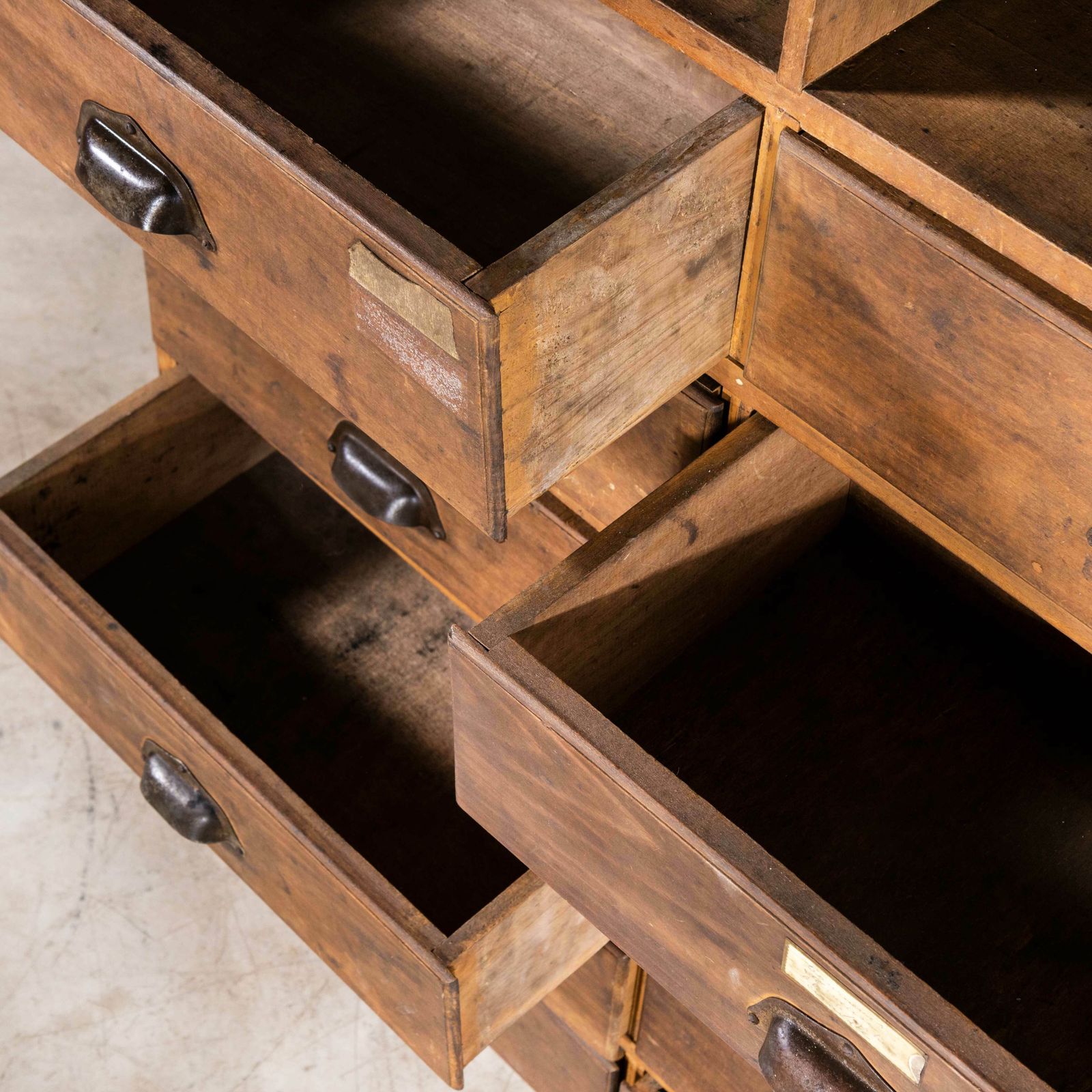 Furniture 1940’s Tall French Workshop Shelves  Twelve Drawers photo