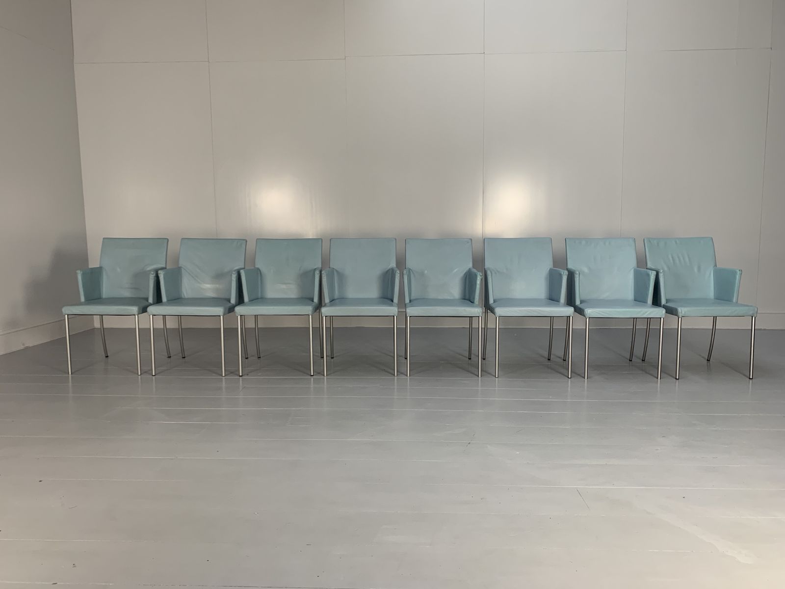 Suite Of 8 Walter Knoll “Jason 391” Dining Chairs – In Sky Blue Leather photo for sale