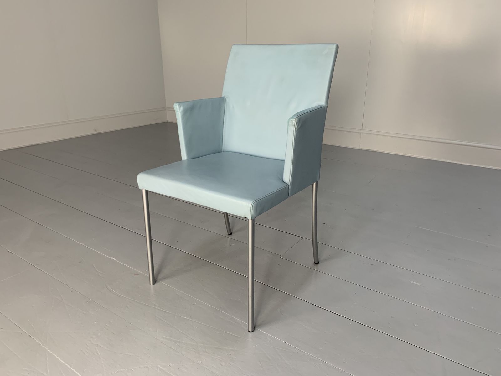 photo for sale Suite Of 8 Walter Knoll “Jason 391” Dining Chairs – In Sky Blue Leather