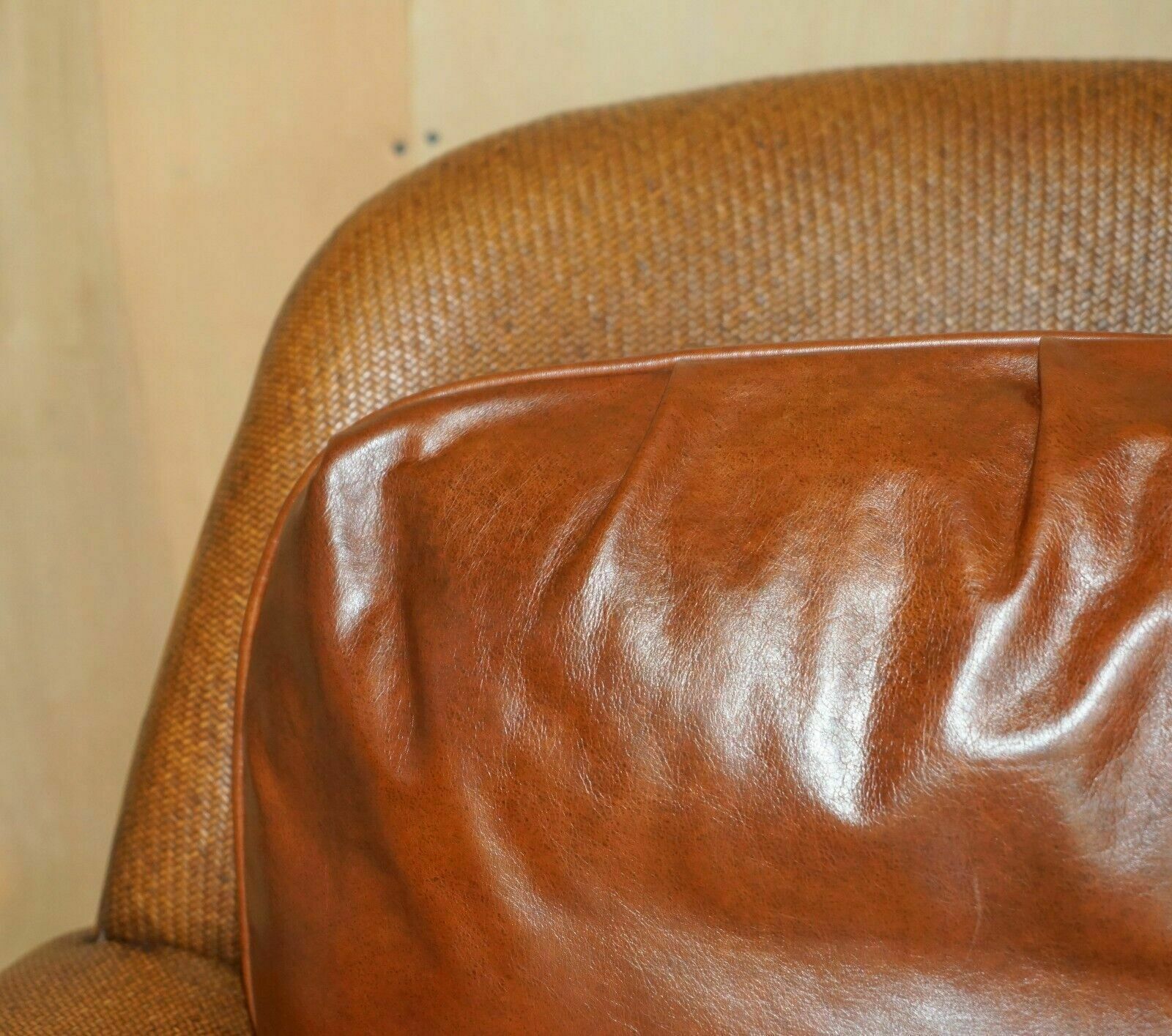Thomasville Safari Leather Woven Armchair & Footstool Ottoman Brown Leather photo Furniture