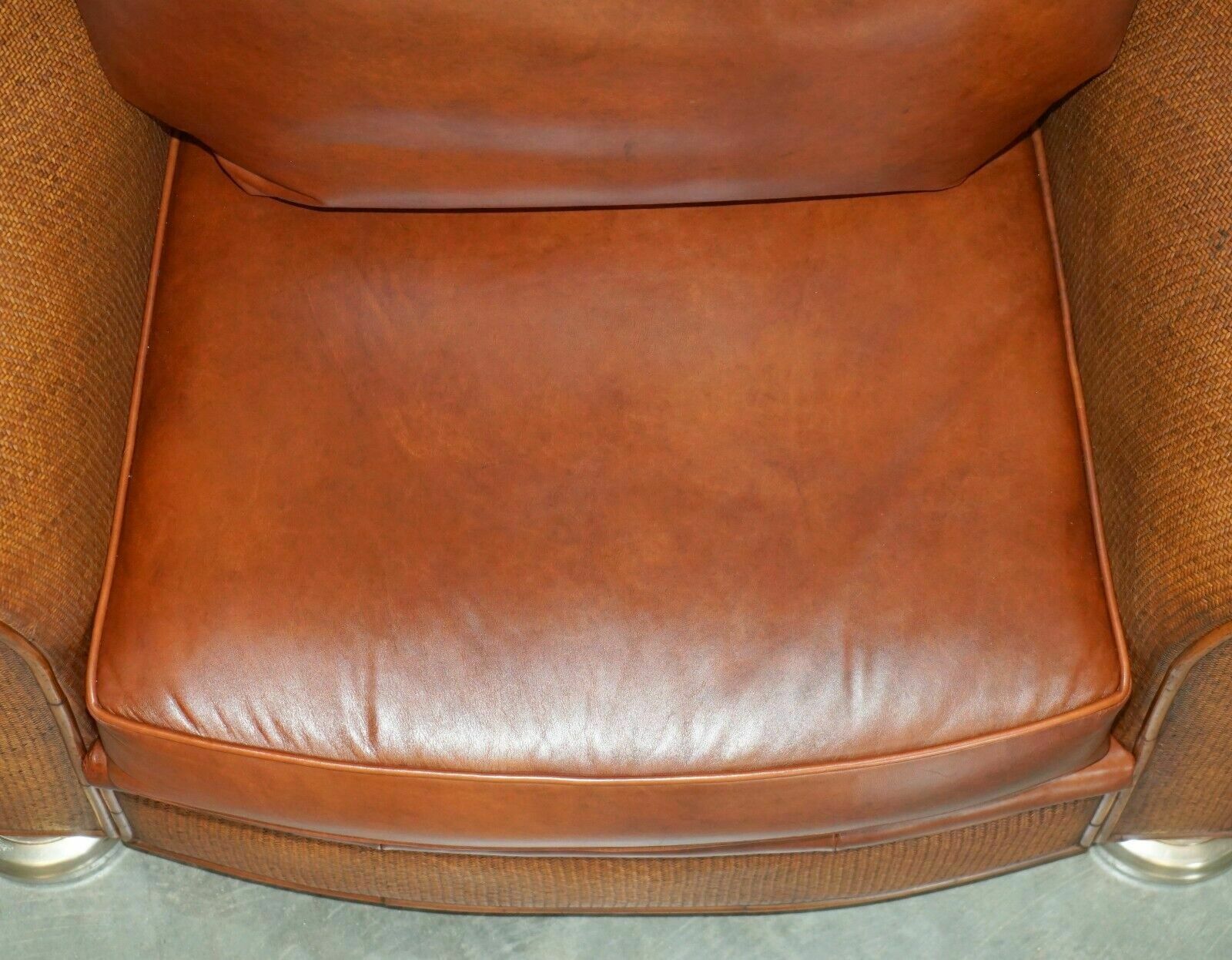 2950.0 Thomasville Safari Leather Woven Armchair & Footstool Ottoman Brown Leather photo