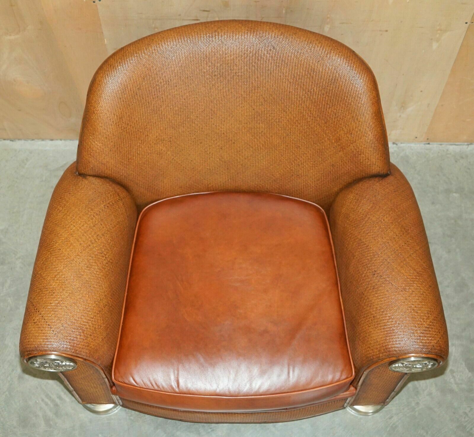 photo buy Thomasville Safari Leather Woven Armchair & Footstool Ottoman Brown Leather