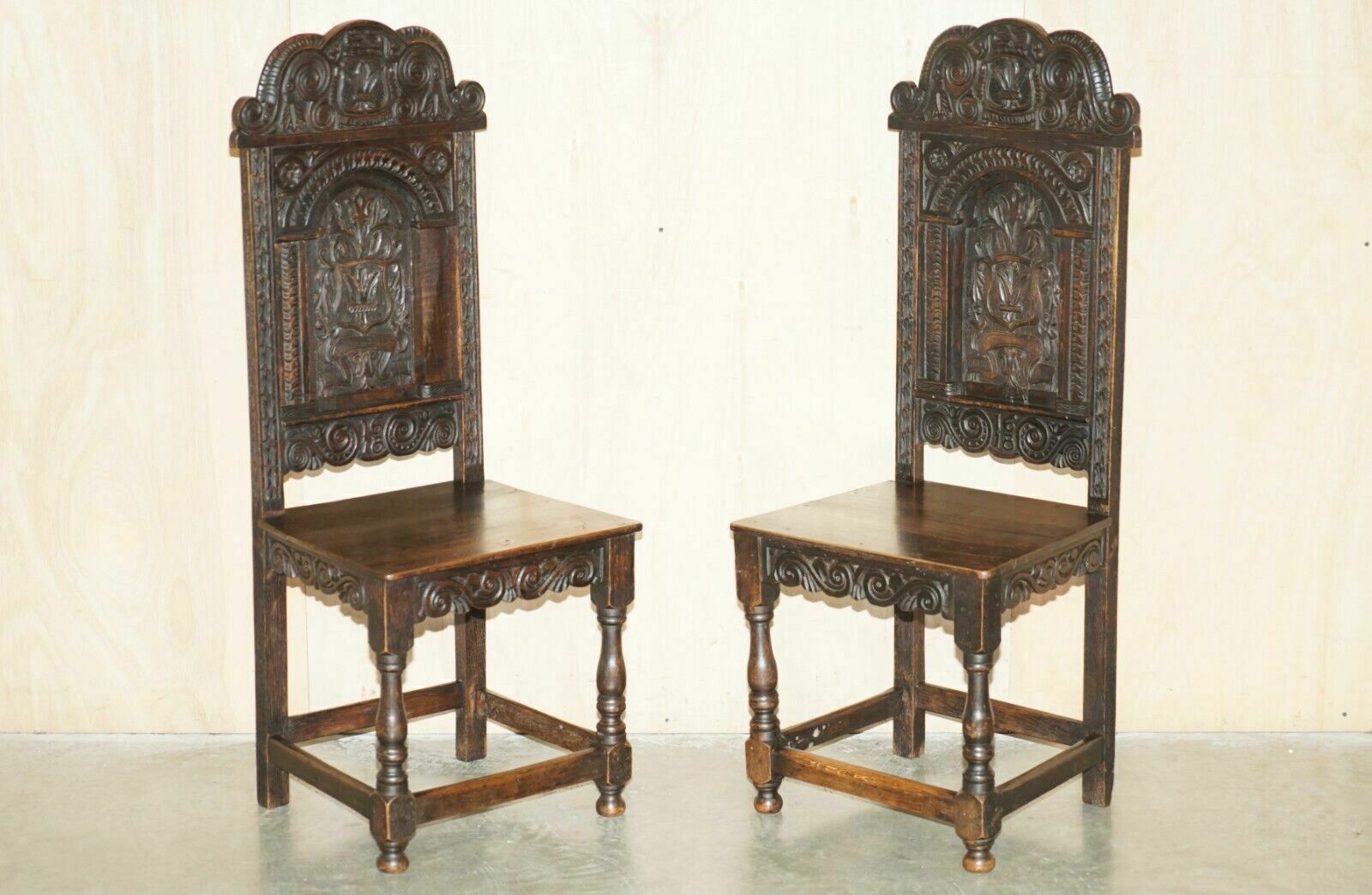 Antique Pair Of 17th Century Jacobean English Oak Chairs From The Film Hellboy