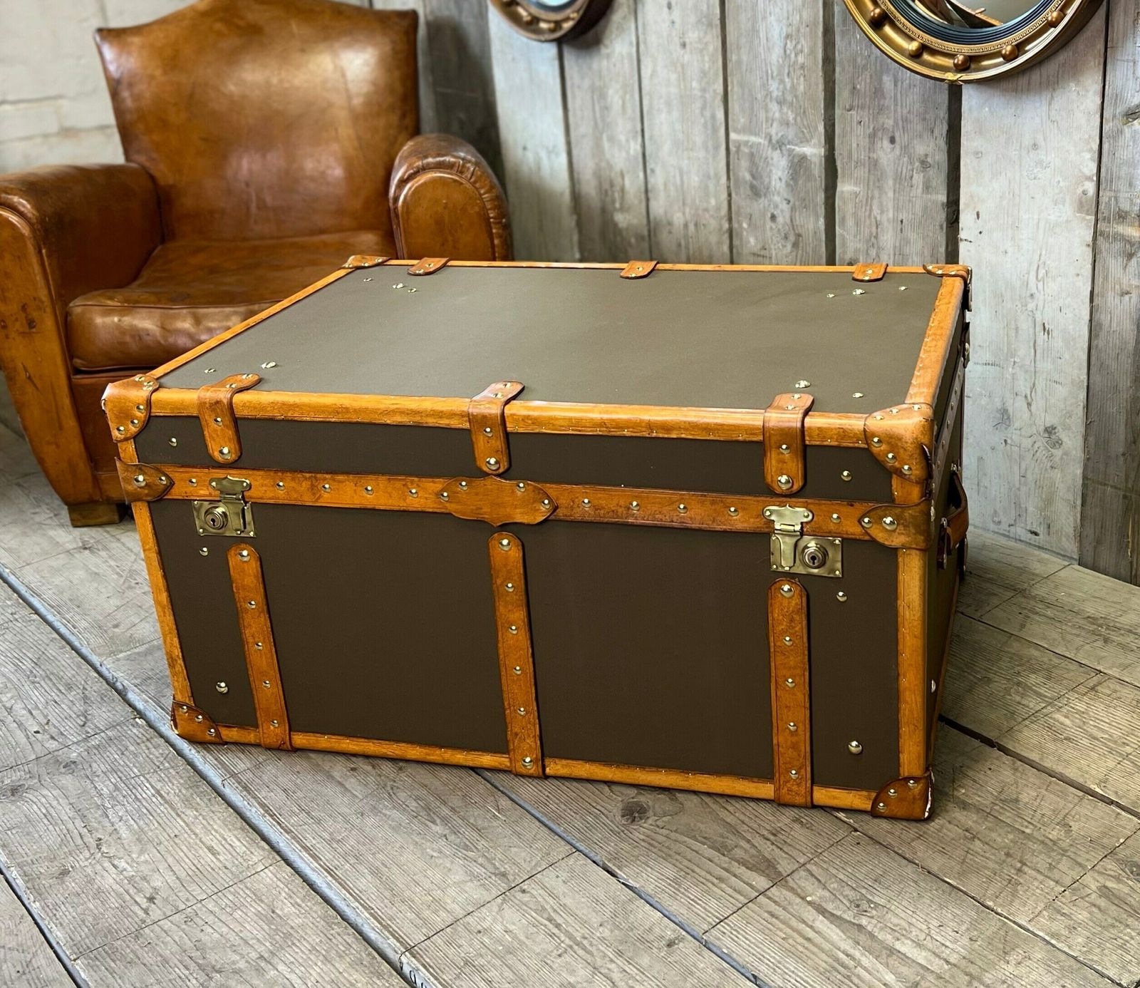 Bespoke Coffee Table , Olive Millerain & English Tan Bridle Leather Trimmed Handmade Trunk photo Furniture