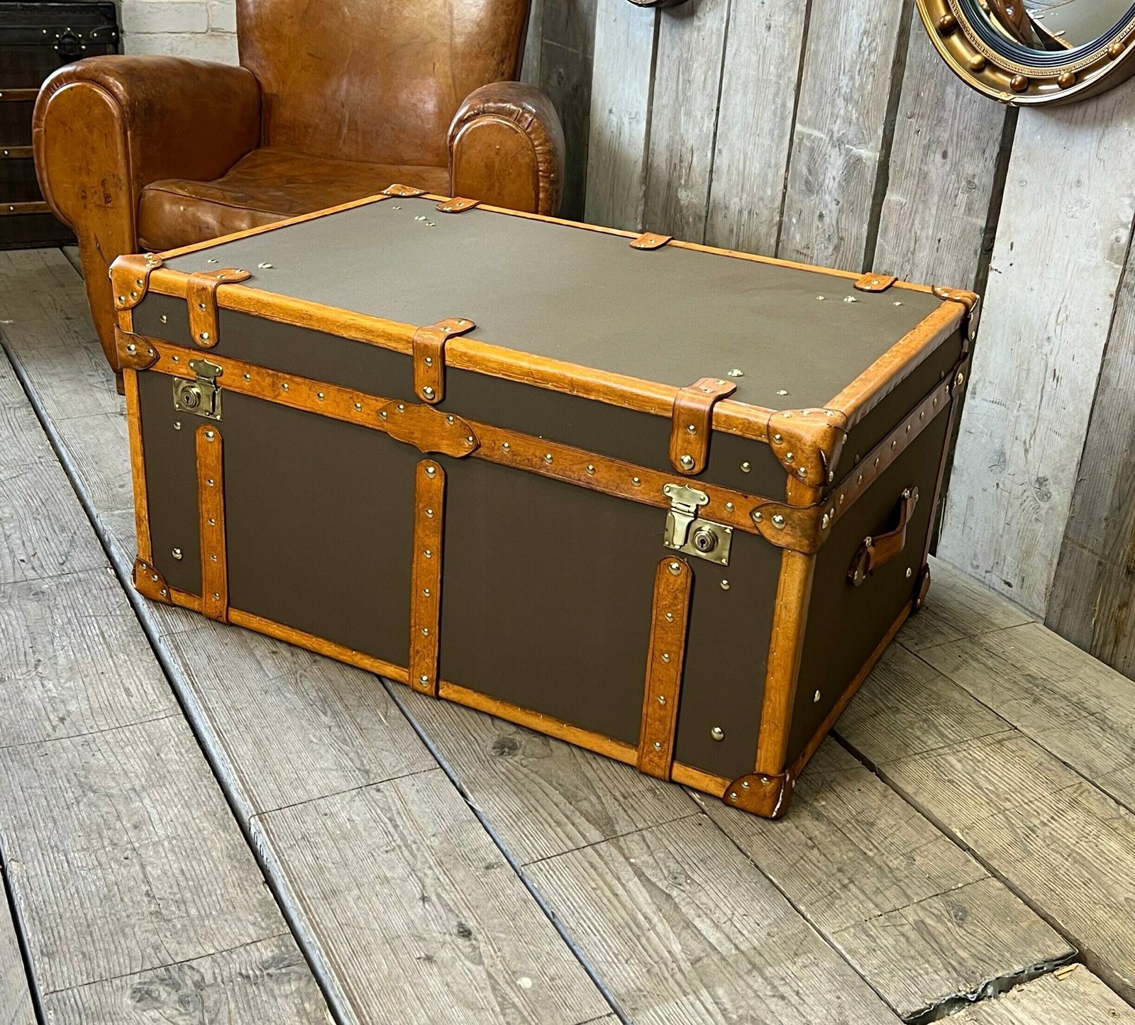 Bespoke Coffee Table , Olive Millerain & English Tan Bridle Leather Trimmed Handmade Trunk photo buy