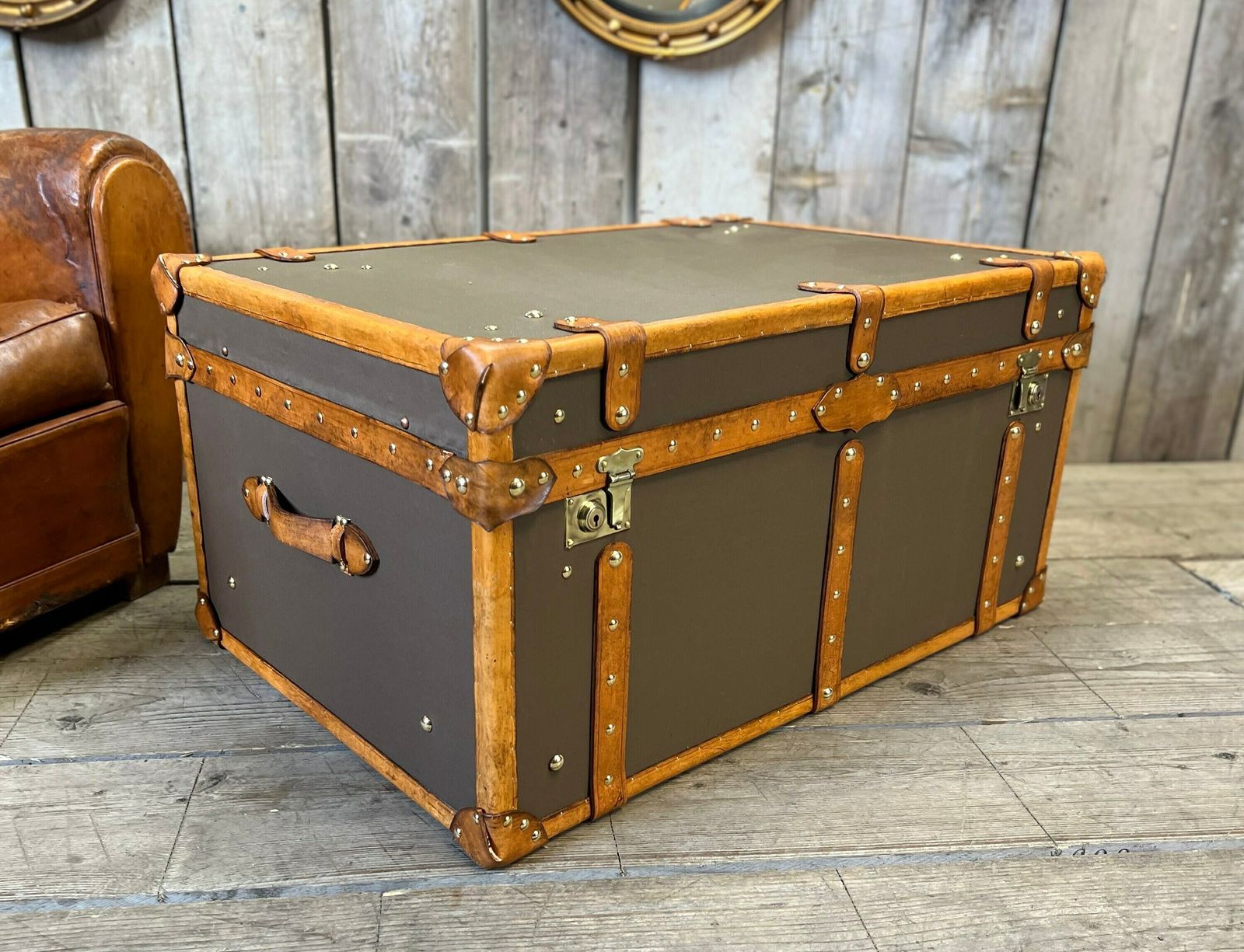 photo furniture Bespoke Coffee Table , Olive Millerain & English Tan Bridle Leather Trimmed Handmade Trunk