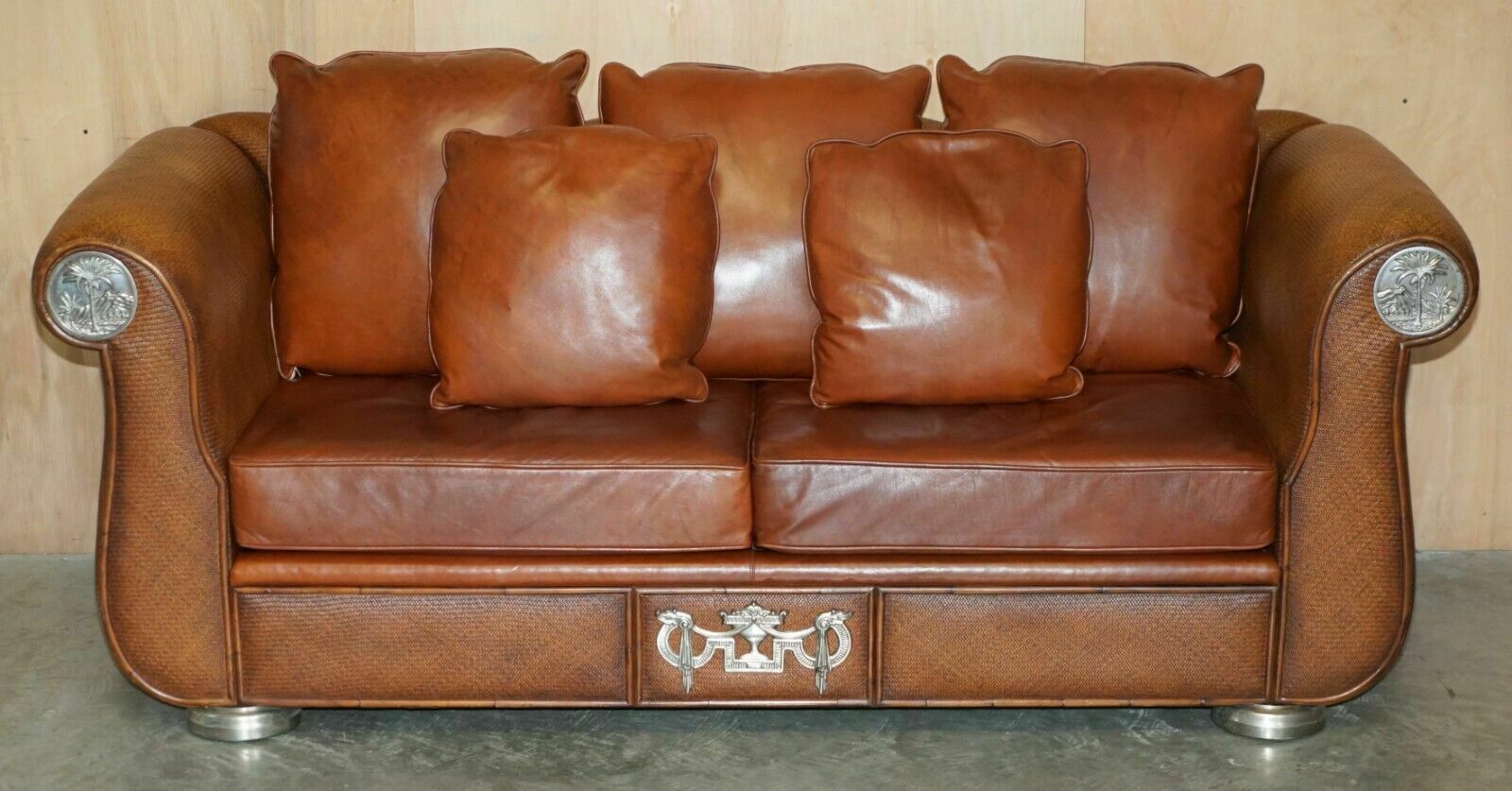 Rare Pair Of Thomasville Safari Brown Leather Woven Sofas Part Of Large Suite photo for sale