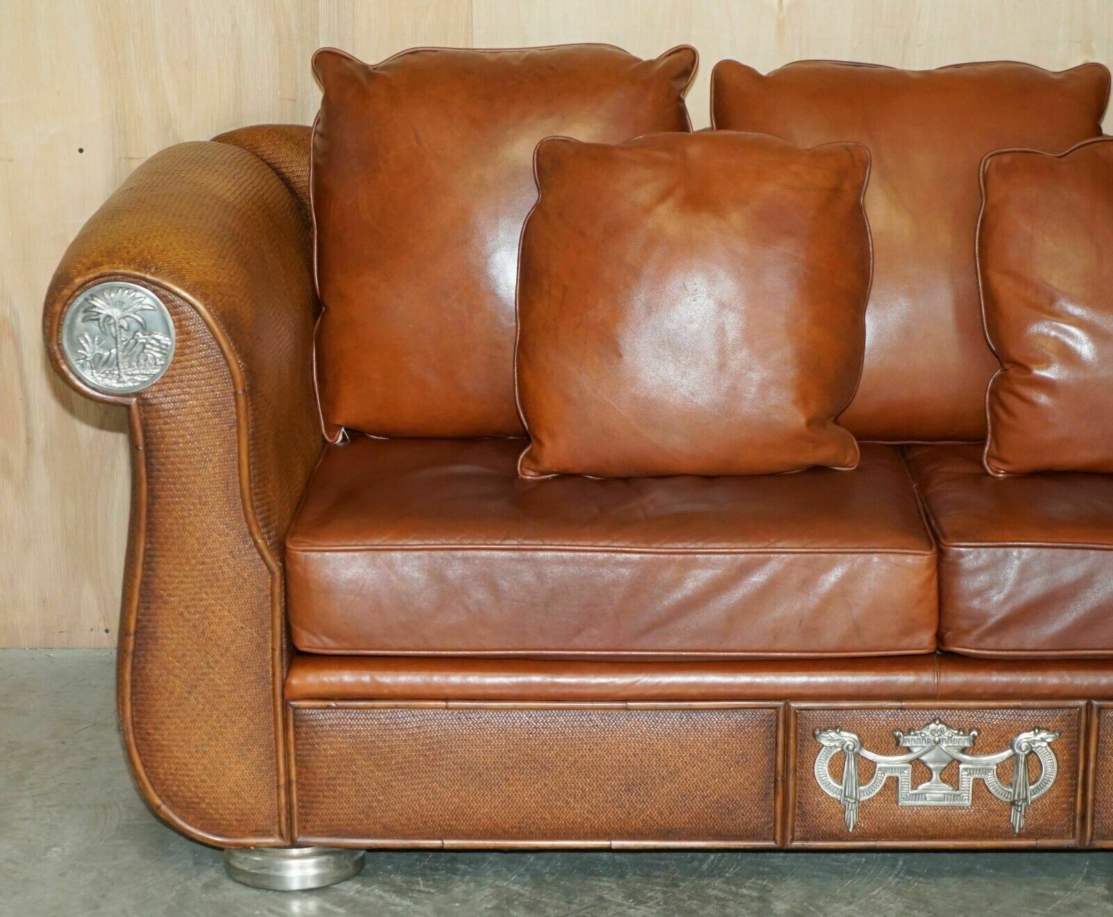 Rare Pair Of Thomasville Safari Brown Leather Woven Sofas Part Of Large Suite photo Furniture