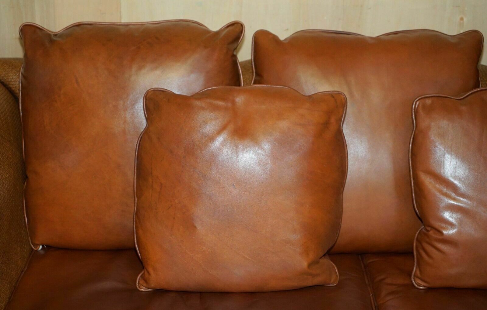 Rare Pair Of Thomasville Safari Brown Leather Woven Sofas Part Of Large Suite photo 6950.0