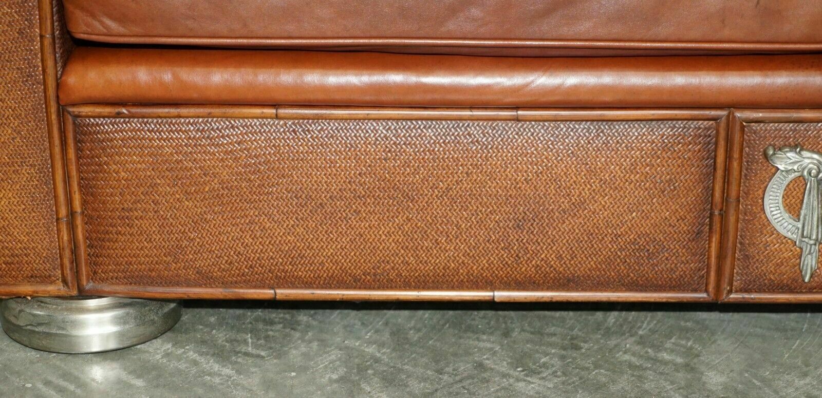 photo for sale Rare Pair Of Thomasville Safari Brown Leather Woven Sofas Part Of Large Suite