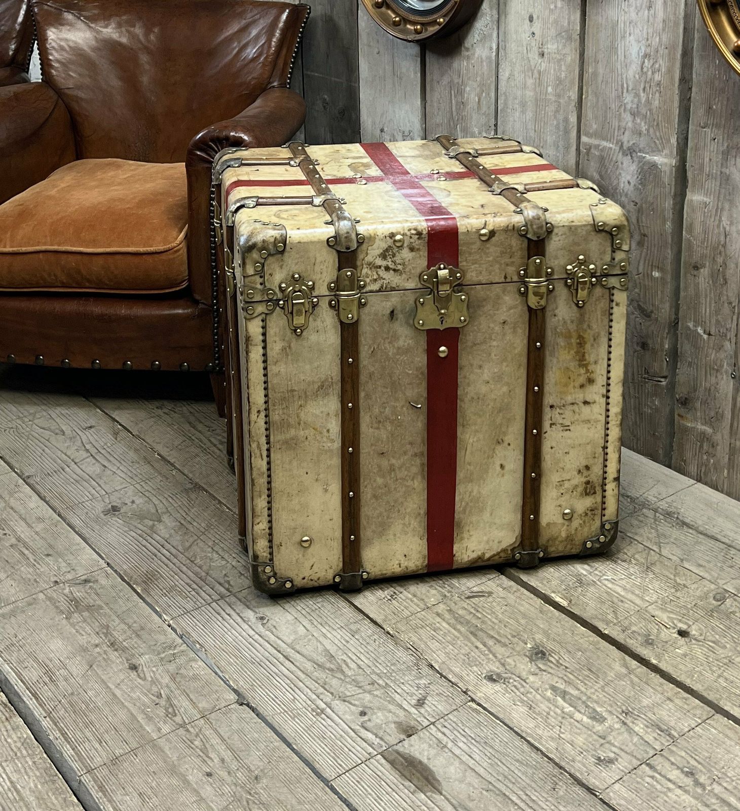 Antique Vellum Trunk , Travel Case , End Table , Rare Luggage