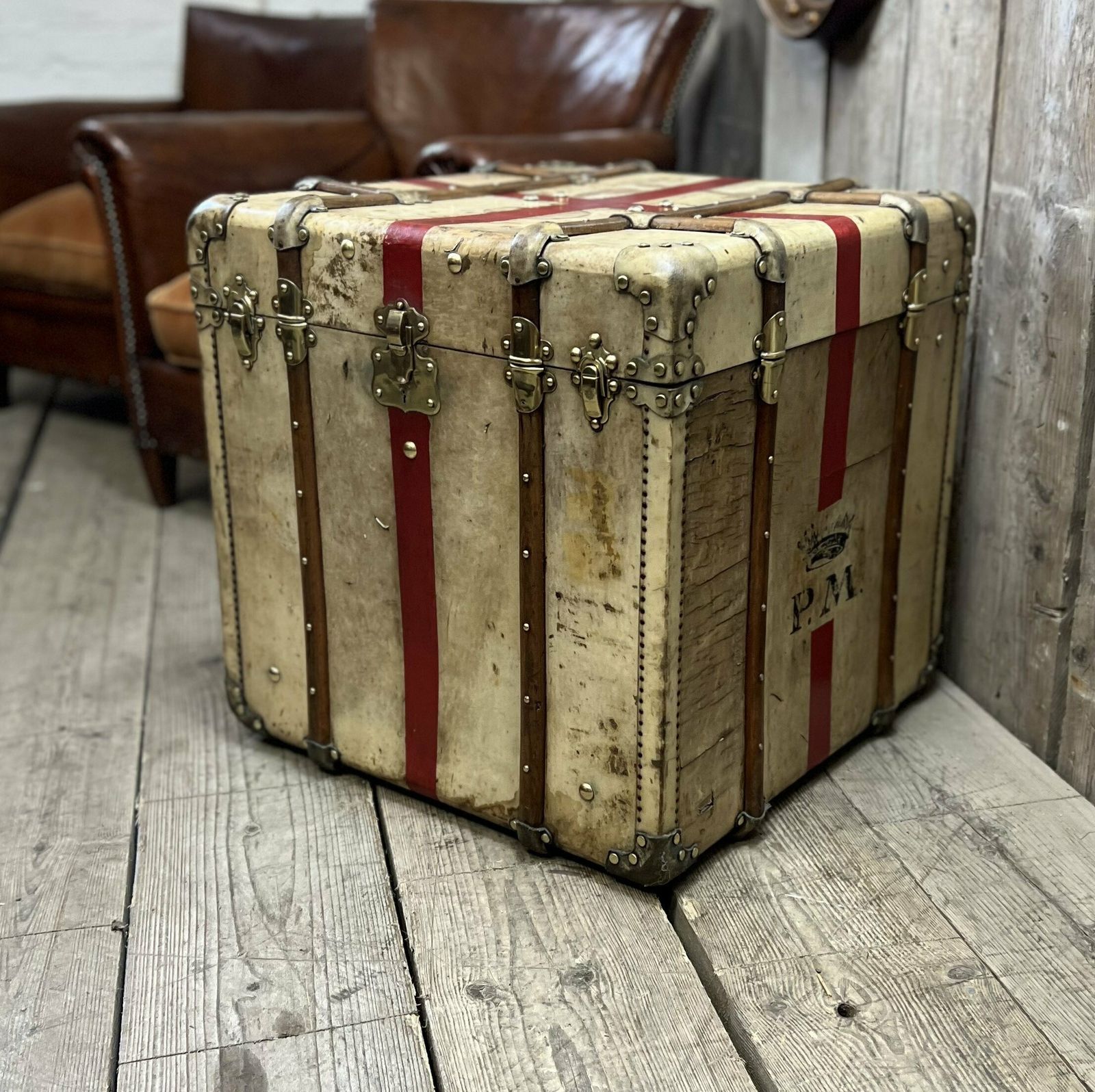 Antique Vellum Trunk , Travel Case , End Table , Rare Luggage photo for sale