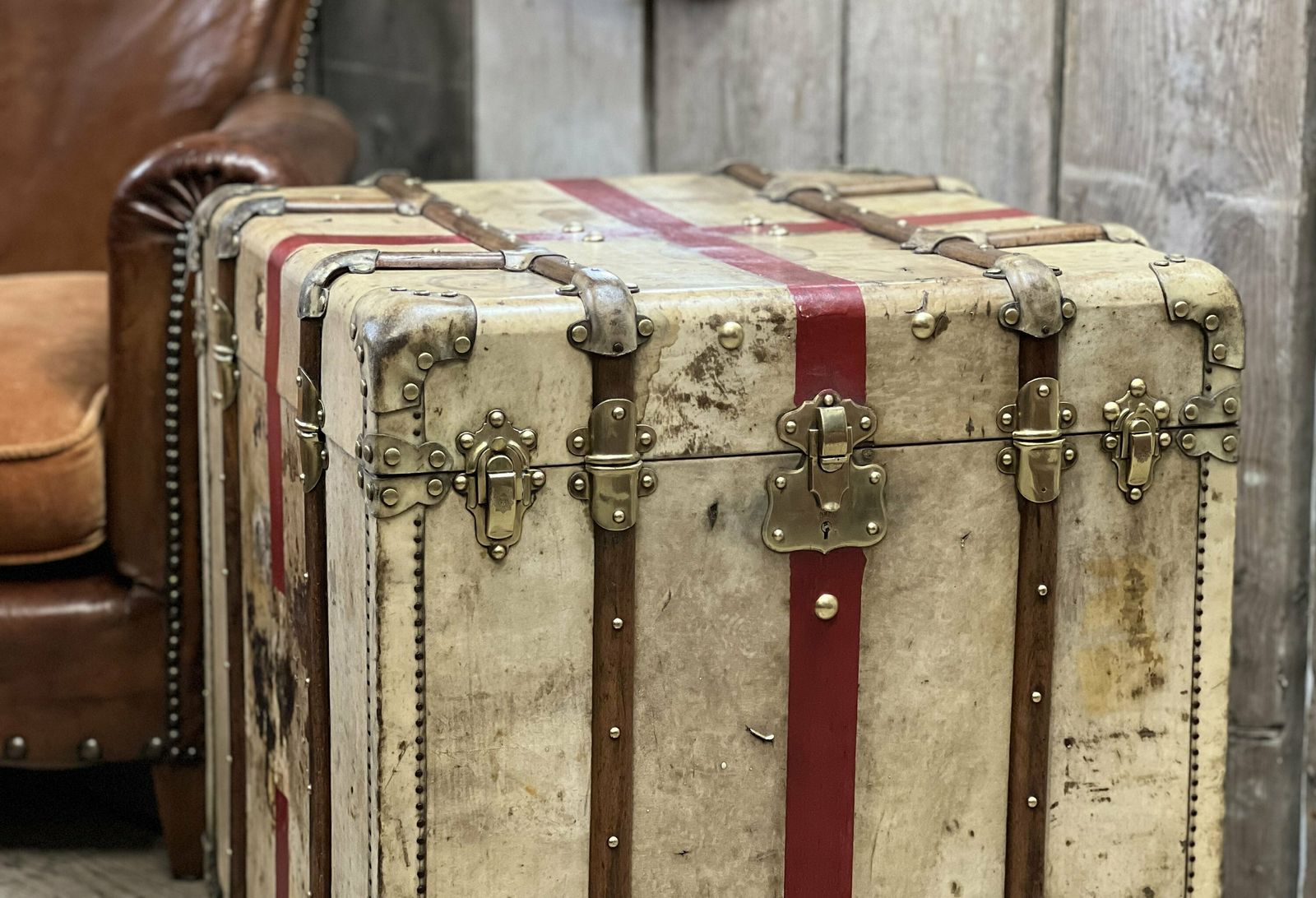 photo furniture Antique Vellum Trunk , Travel Case , End Table , Rare Luggage