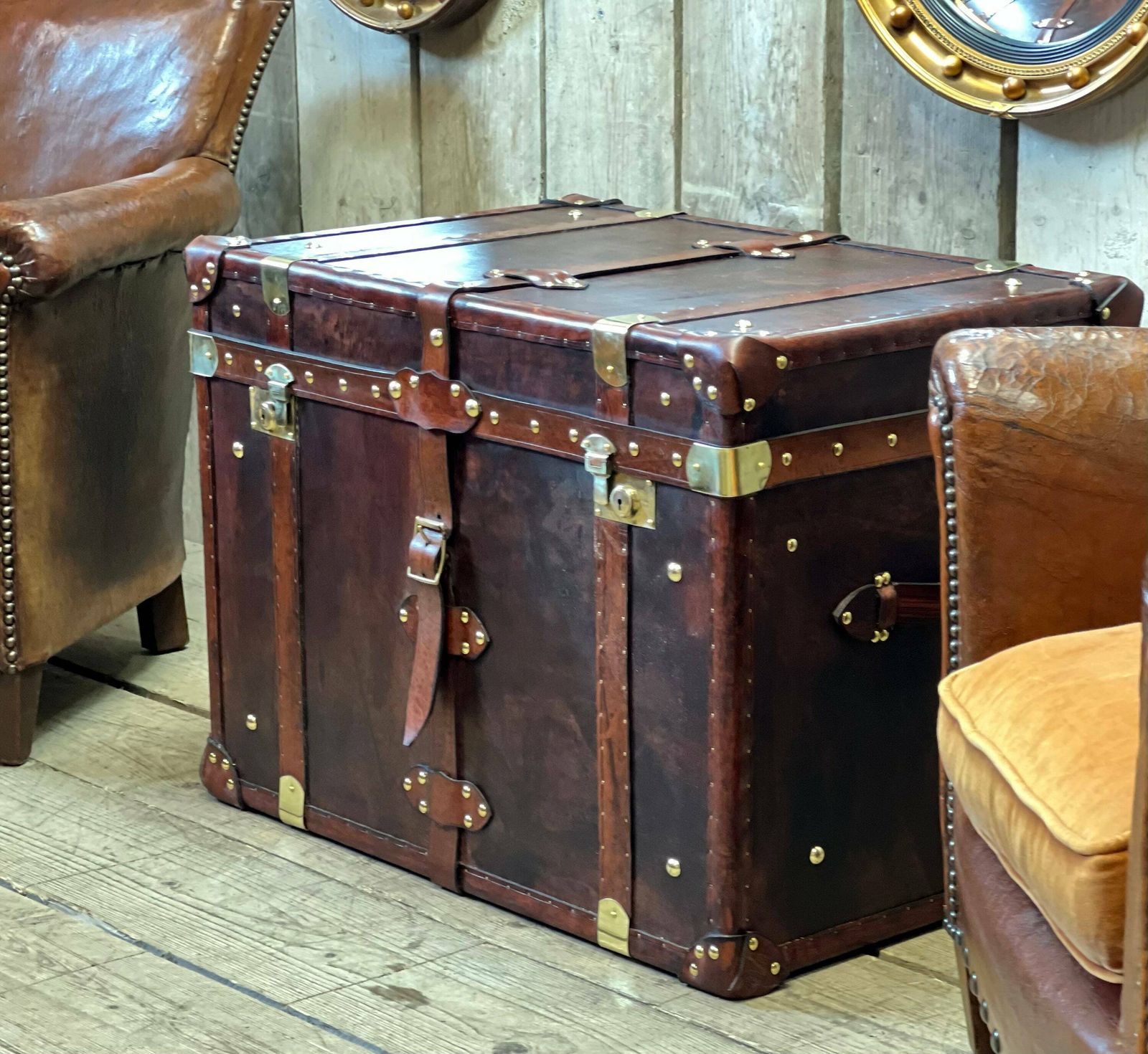 English Leather Trunk , Coffee Table Chest , Room Decor , End Table photo furniture
