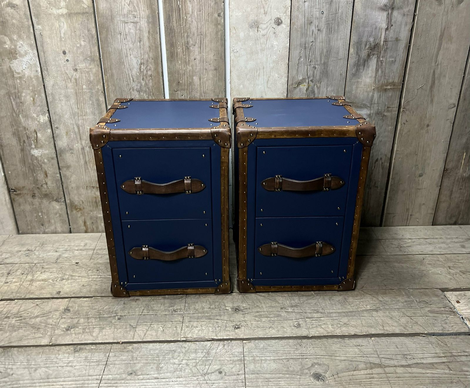 Pebble Blue Hand Dyed Tan Leather End Tables Bed Side Trunks Draws Bedroom Furniture photo Furniture