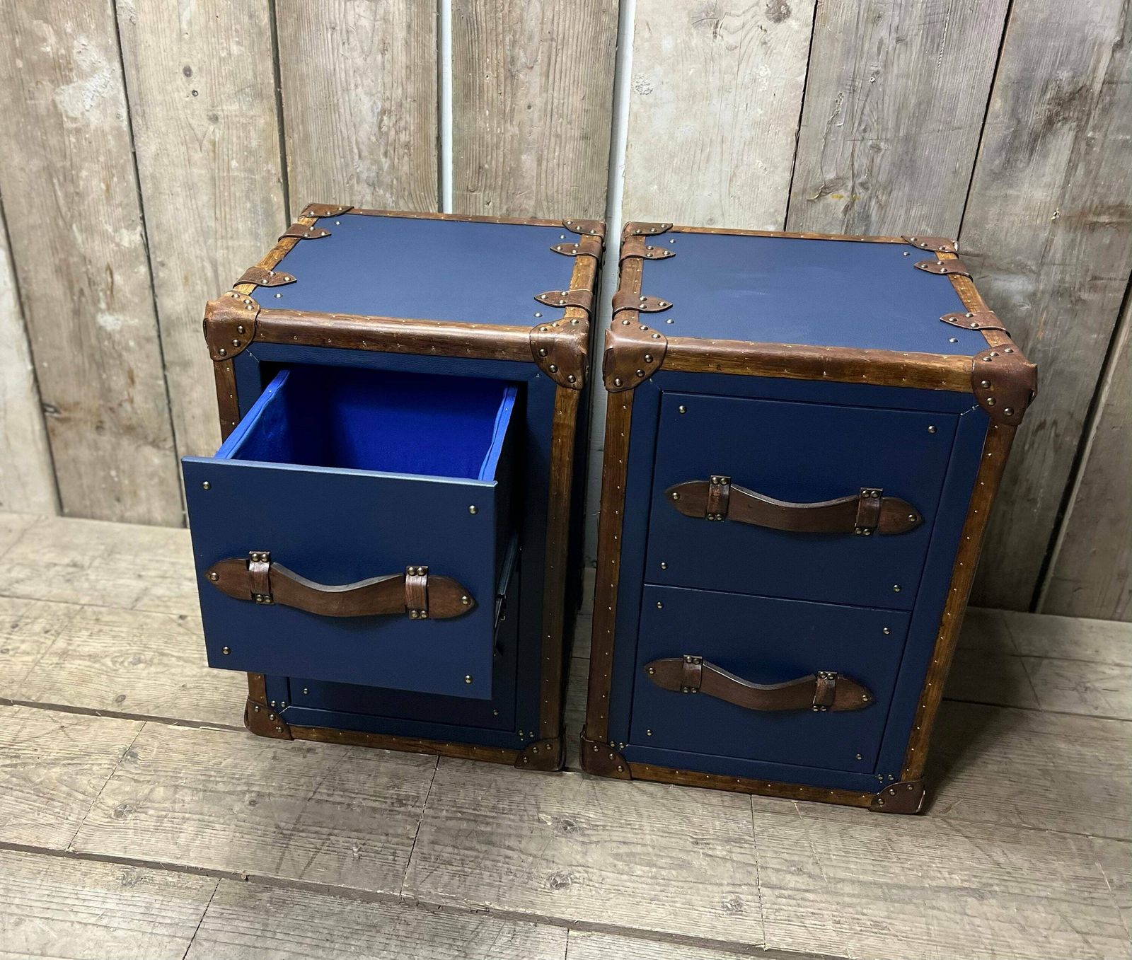 Pebble Blue Hand Dyed Tan Leather End Tables Bed Side Trunks Draws Bedroom Furniture photo vintage