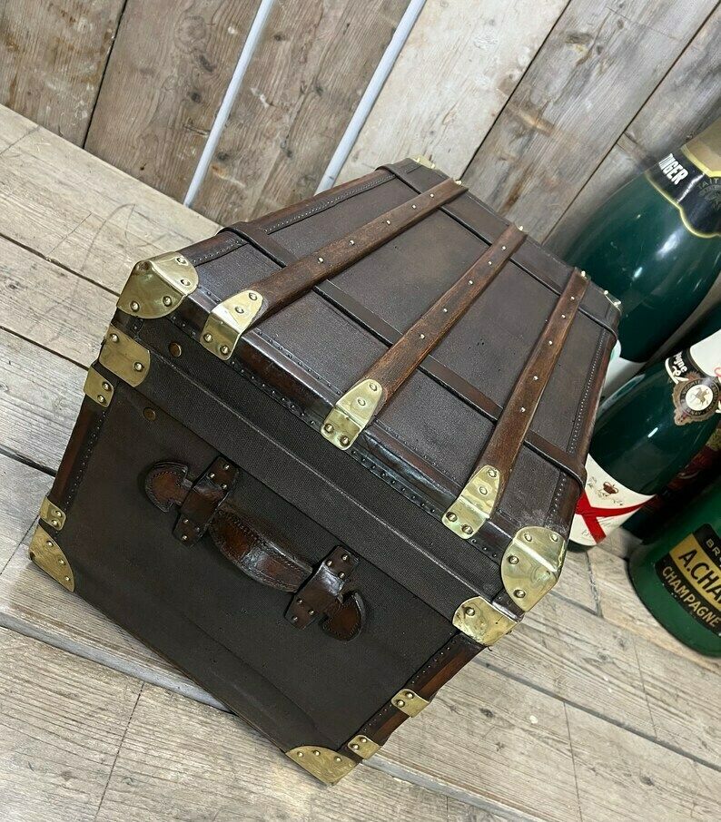 Beautiful Antique Travel Trunk Leather Brass & Wood Coffee Table End Table Home Decor photo buy