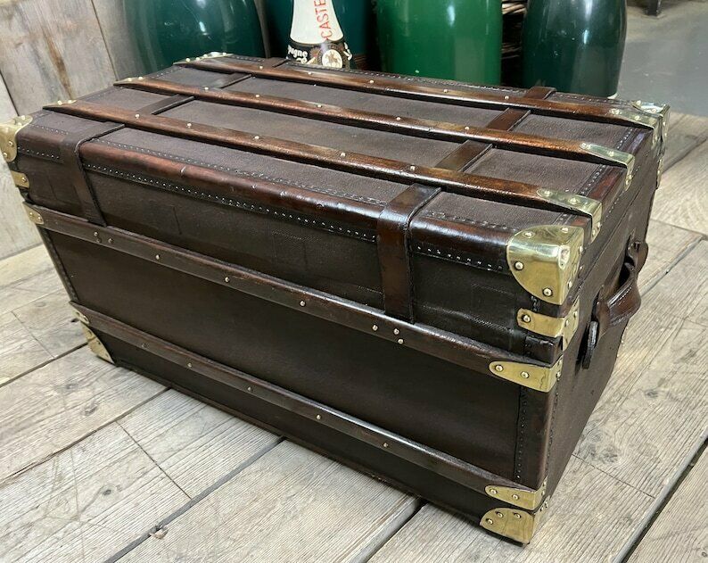 photo furniture Beautiful Antique Travel Trunk Leather Brass & Wood Coffee Table End Table Home Decor