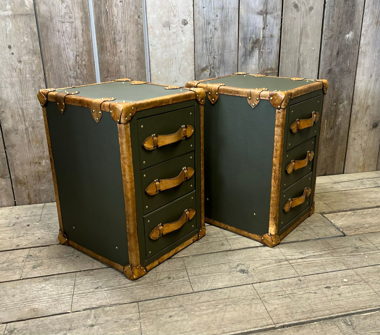 Luxury Olive Green Leather & Hand Dyed Leather Trim Nightstands Vanities Bedroom Decor photo furniture
