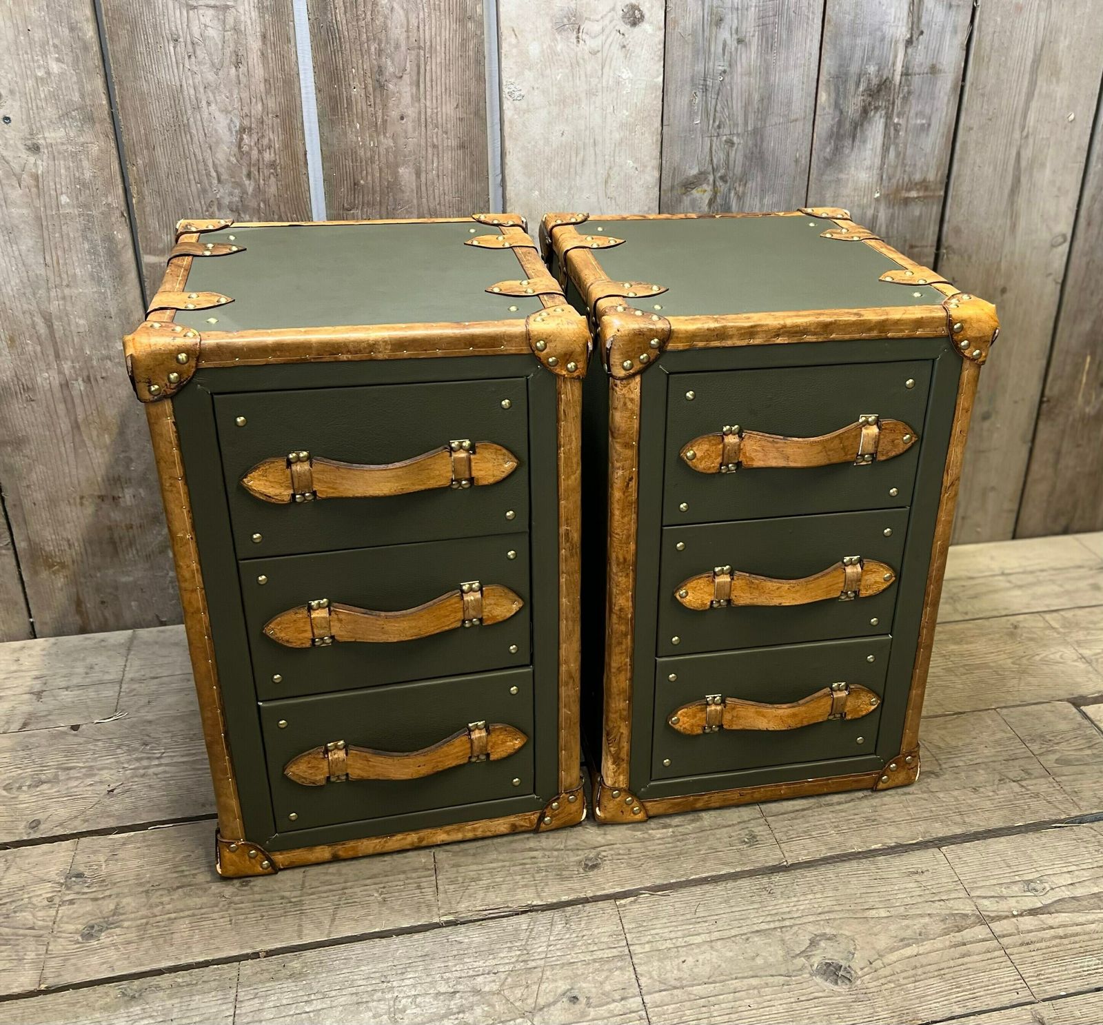 Luxury Olive Green Leather & Hand Dyed Leather Trim Nightstands Vanities Bedroom Decor photo Furniture