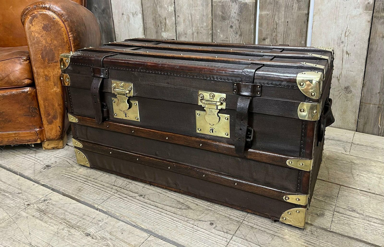 Furniture Beautiful Antique Travel Trunk Leather Brass & Wood Coffee Table End Table Home Decor photo