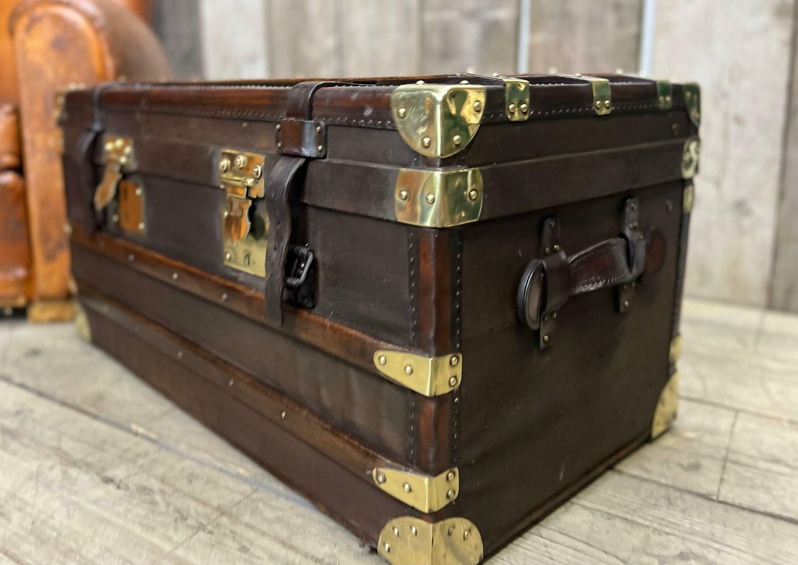 photo buy Beautiful Antique Travel Trunk Leather Brass & Wood Coffee Table End Table Home Decor