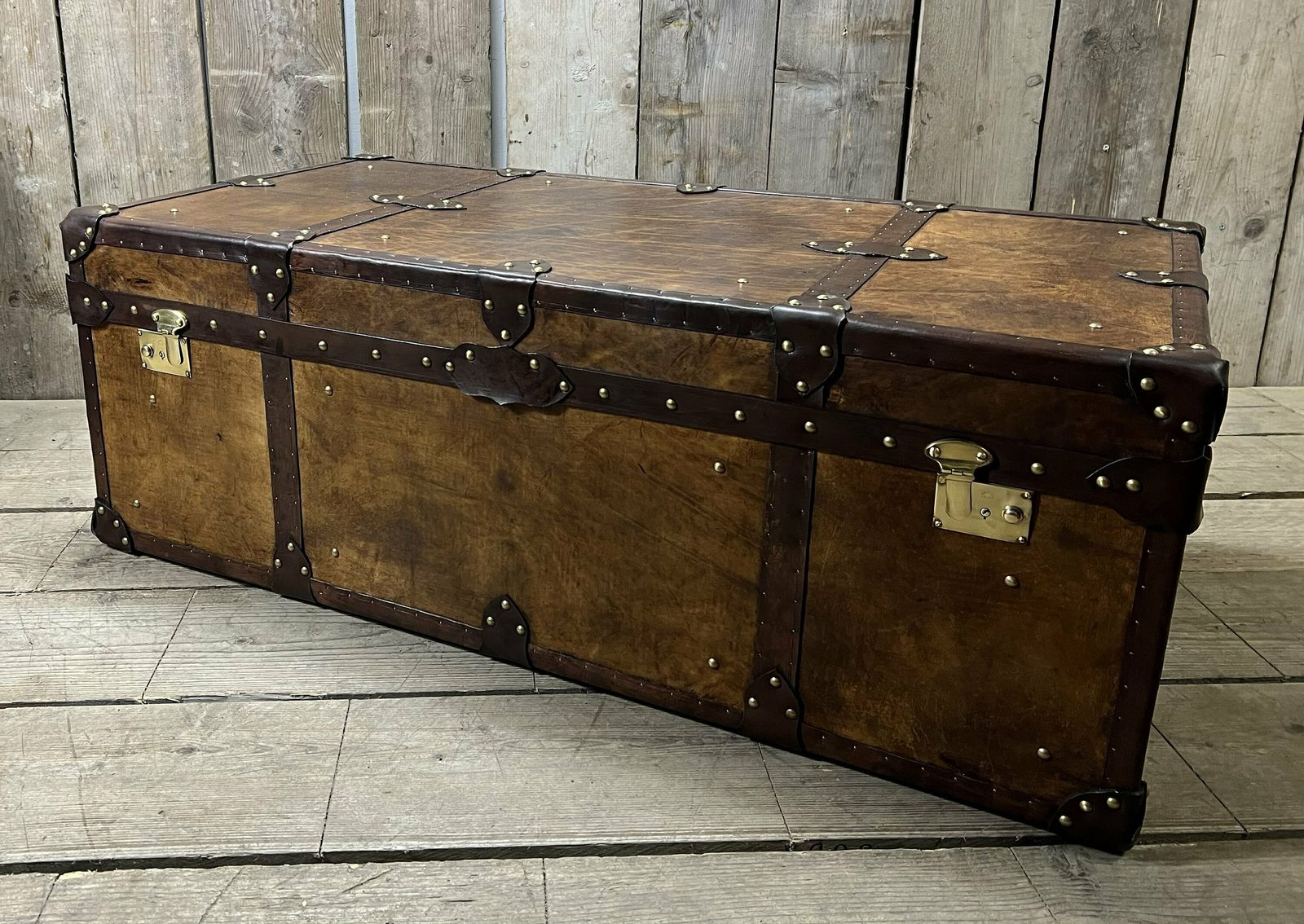 photo for sale English Coffee Table, Hand Dyed Medium Brown Leather Trunk, Room Decor, Leather Craft, Traditionally Made,