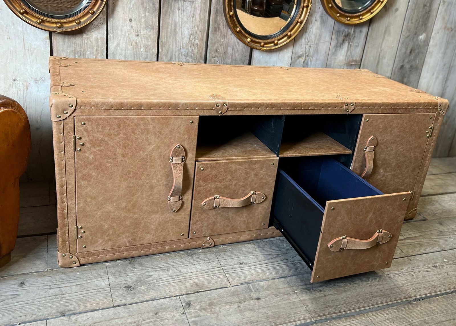 Tv Cabinet , Tv Console Table , Lincoln Tan Leather , Luxury Media Stand , Solid Wood photo vintage